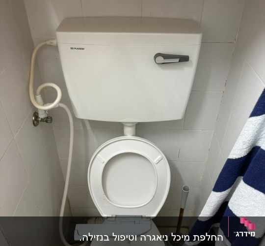 אסלה עם מיכל הדחה ומברשת ניקוי בחדר אמבטיה